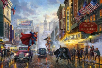 350 人の有名アーティストによるアート作品 Painting - バットマン スーパーマンとワンダーウーマン ハリウッド映画 トーマス キンケード